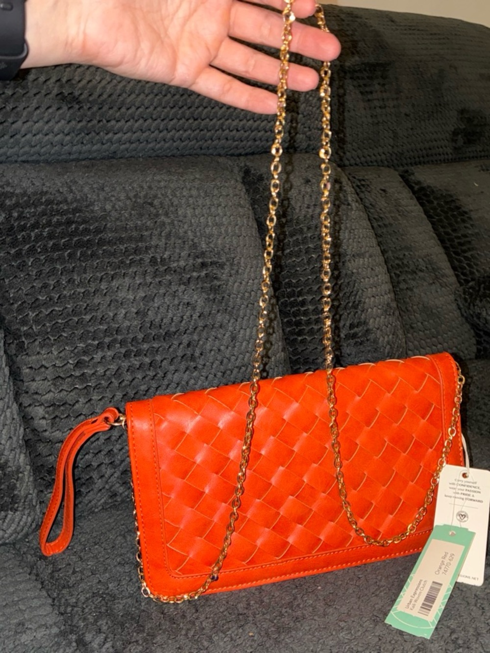 Woven Leather Shoulder Clutch in Orange with Chain Strap
